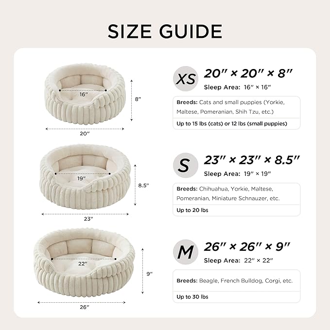 Bedsure ComfyFleece™ Cat Bed, Washable Round Cute Pet Beds for Indoor Cats, Super Soft Corduroy Kitten Bed with Anti-Slip Bottom, 20''x20''x8'', Cream