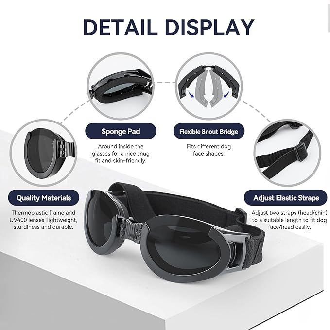 Dog Goggles with Replaceable Lens Eye Protection Dog Sunglasses for Small to Medium Breed for Outdoor Riding/Driving/Walking/Surgery Recovery