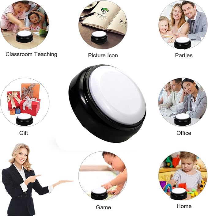 Cover 30 Seconds Recordable Talking Button Record Button Toy Gift Answer Buzzers (White+Black)