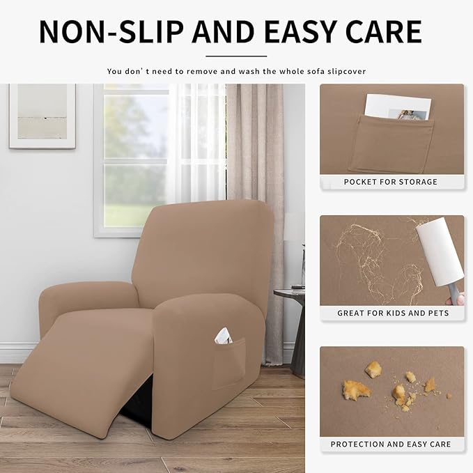 Easy-Going 4 Pieces 100% Dual Waterproof Recliner Cover Stretch Soft Couch Cover for Dogs, Sofa Slipcover for Recliner Couch Leakproof Furniture Protector for Kids, Pets Camel