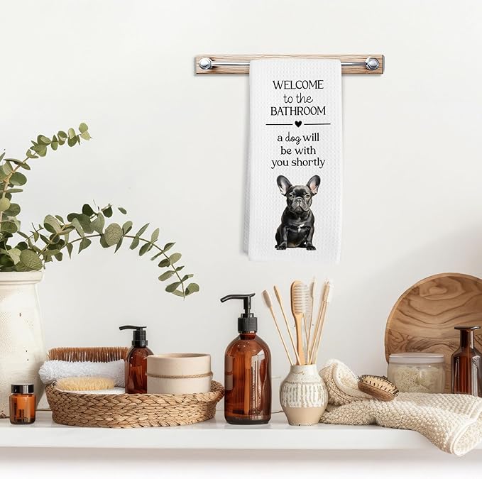 Funny French Bulldog Dog Hand Towels, Black French Bulldog Gifts Hand Towel, A Dog Will Be with You Shortly Decorative Towel Bath Towel for Bathroom, Funny FrenchieDog Bathroom Decor, 16x24in