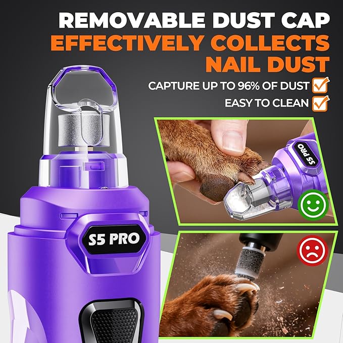 Whisper Quiet Dog Nail Grinder with LED Light, Safe & Stress-Free for Sensitive Dogs of All Breeds & Sizes, 3 Grinding Bits, 3-Speed, Pet Nail Trimmers, Rechargeable Painless Grooming Kit Purple
