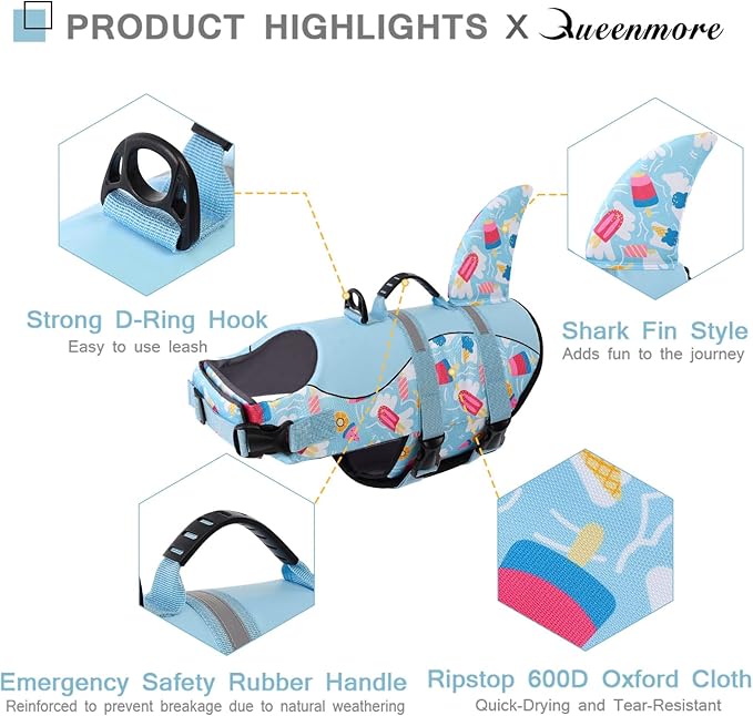 Queenmore Shark Dog Life Vest for Swimming, Boating, Kayaking, Surfing, Canoeing - High Buoyant Dog Life Jacket, Ripstop High Flotation Swimsuit for Small, Medium, Large Dogs (Blue, XL)