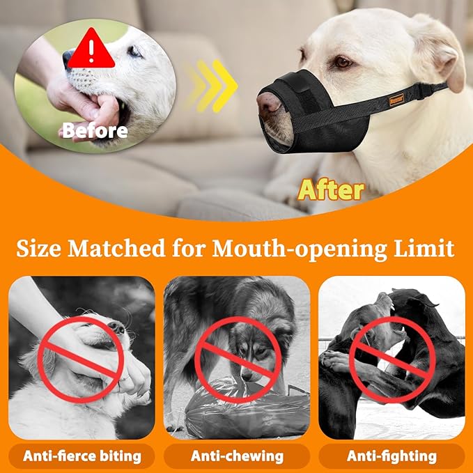 Mayerzon Dog Muzzle for Large Medium Small Dogs, Adjustable Fit, Soft & Sturdy Fabric, Prevents Fierce Barking Biting Chewing, Ideal for Grooming Walking Vet Visits, Allows to Pant Drink (Black, S)