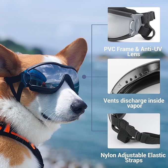 PETLESO Dog Goggles for Large Breeds, UV Protection Dog Sunglasses with Adjustable Straps, Windproof Pet Eyewear for Medium to Large Pets, Soft Frame, L