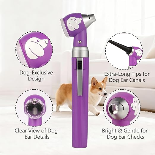 Pocket Veterinary LED Otoscope - Pet Ear Scope with Light for Dogs & Cats, 6 Disposable Tips (4/6/9mm), Portable Ear Infection Detector (Purple)