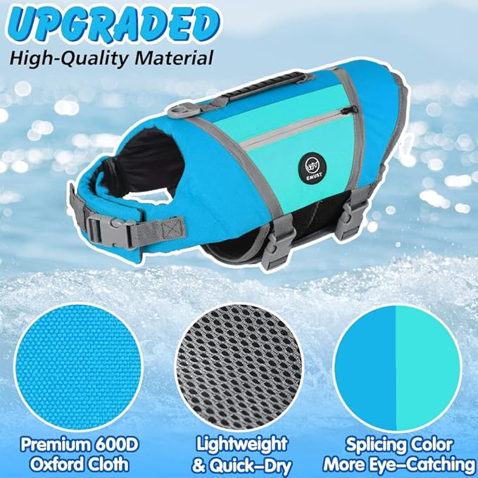 EMUST Dog Life Vest, Lightweight Jacket with Pockets, Stylish Preserver with Rescue Handle & Reflective Stripes for Swimming, Boating, Kayaking, Blue, XS