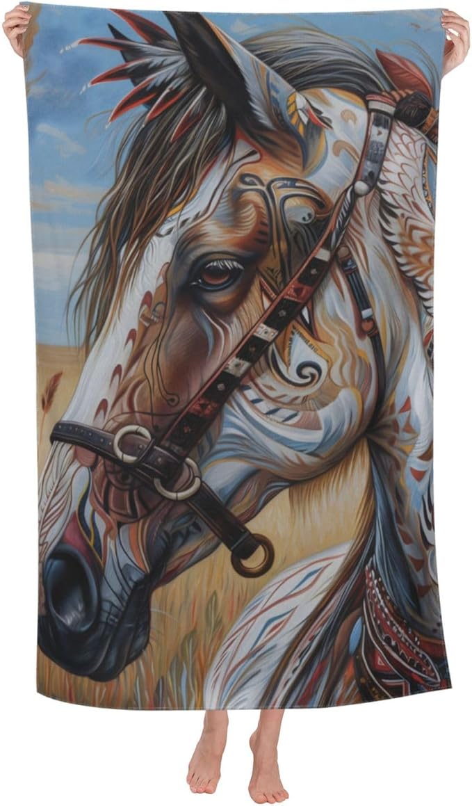 Native American Horse Beach Towel Animal Sand-Free Microfiber Bath Towel Ultra Soft Quick Dry Pool Towel Absorbent Towel Lightweight Towel Gifts for Outdoor Bathroom Swimming Decor 31inx51in
