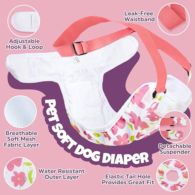 Pet Soft Dog Diapers Female with Suspenders, 3 Pack Reusable Female Dog Diapers for Heat, Dog Period Panties for Doggie in Cycle(Medium, Flowers)