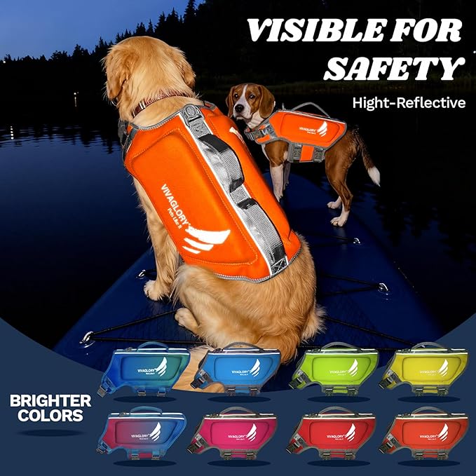 VIVAGLORY High Buoyancy Dog Life Vest, Swimming Vest with Handle, Dog Life Jacket for Swimming & Boating, Buoyancy for Puppy Doggy, M, Orange