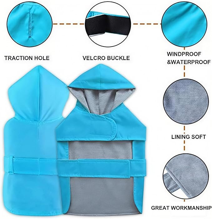 Dog Raincoat Dog Rain Jacket Poncho Waterproof Snowproof Pet Rain Suit Double-Layered Warm Lining Hooded Leash Hole Adjustable Puppy Small Medium Dogs,Blue,XL,Back Length 13-15.5 inches