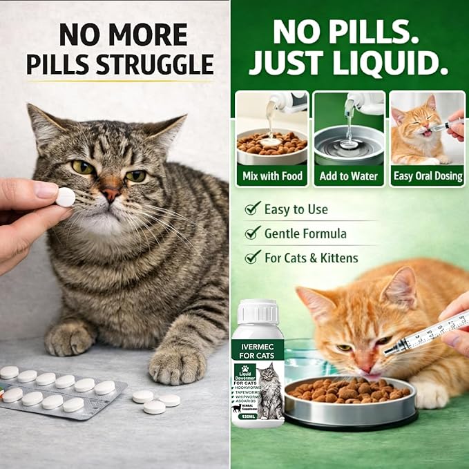 Cat Dewormer Liquid,Dewormer for Cats Broad Spectrum for Tapeworms, Roundworms & Hookworms, Promotes Digestive Comfort & Daily Balance