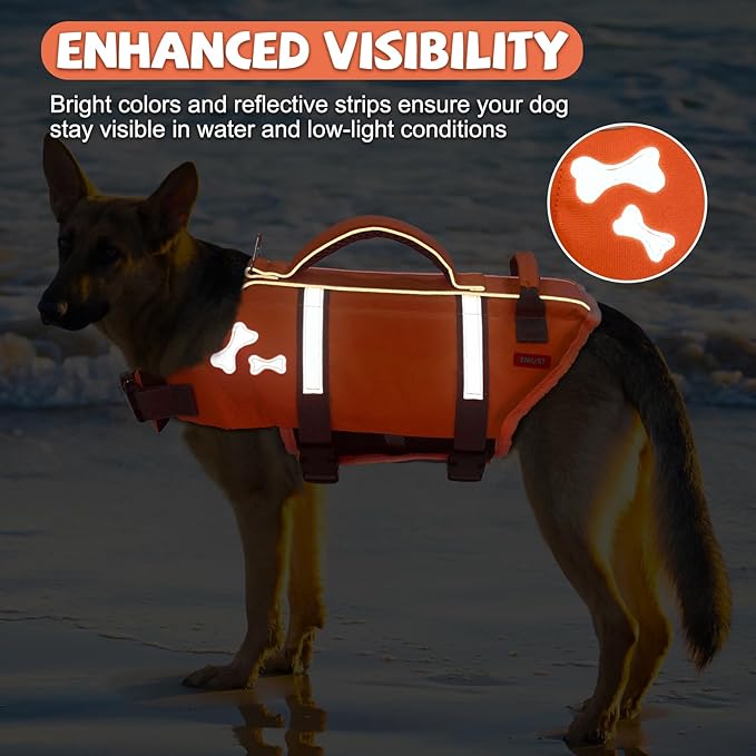 EMUST Dog Life Jacket, Dogs Life Vests for Swimming, Beach Boating with High Buoyancy, Dog Flotation Vest L, NewOrange