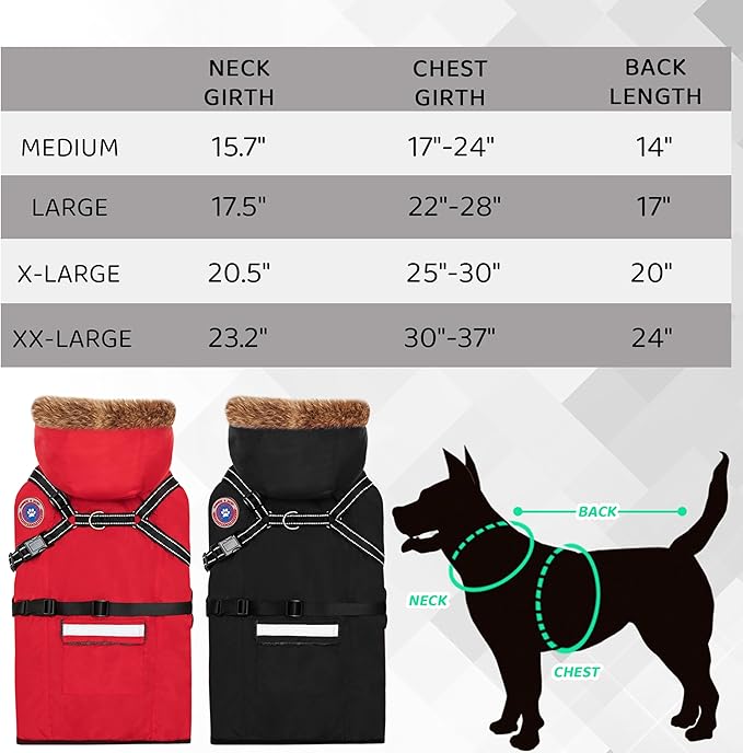 PAWNISAW Dog Winter Coat with Harness Built in, Warm Thick Plush Hooded Dog Snow Jacket for Cold Weather, Windproof Reflective Pet Clothes Outfit for Small, Medium, Large, XL & XXL Dogs Outdoor