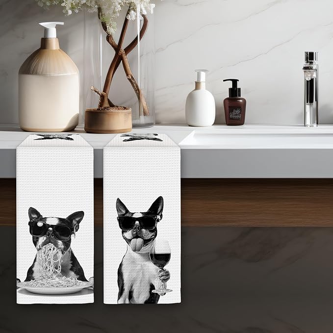 Boston Terrier Gifts Wine Kitchen Towels Set of 2, Funny Boston Terrier Dog Eating Pasta Decorative Hand Dish Towel for Kitchen Home Bar, Gift for Dog Wine Lovers Home Bar Decor(16x24Inch)