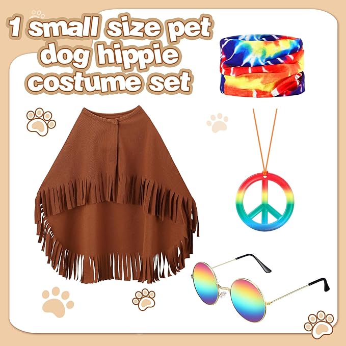 4 Pcs Hippie Dog Costume Pet Dog Hippie Costume Set Includes Sunglasses Scarf Cloak Necklace(Tie Dye,Small)