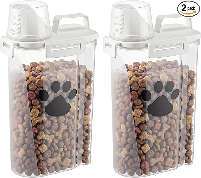 2 Pack Upgraded Dog Food Storage Container with Measuring Cup, Portable Pet Food Containers with Upgraded Large Spout and Cup for Dogs, Cats, Birds, Small Animals (Cream)