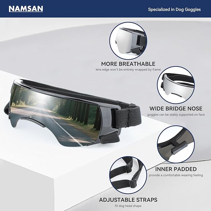 NAMSAN Dog Goggles Small Breeds, UV Protection Dog Glasses for Small Dogs, Puppy Sunglases Windproof Dustproof Driving Eye Protection, Adjustable, Cute Silver