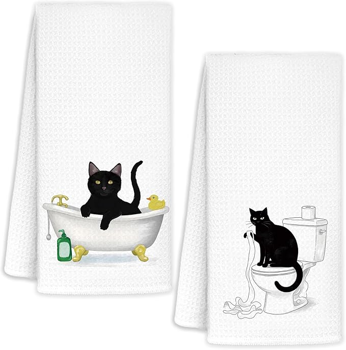 Funny Black Cat Bathroom Hand Towels Set of 2, Cat Gifts for Kids, Kids Bathroom Decor, Black Kitty Hand Towels for Bath Room Washroom Toilet, Cats Lover Mom Gifts, 16x24 Inch