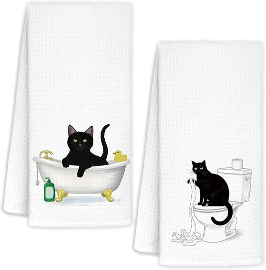 Funny Black Cat Bathroom Hand Towels Set of 2, Cat Gifts for Kids, Kids Bathroom Decor, Black Kitty Hand Towels for Bath Room Washroom Toilet, Cats Lover Mom Gifts, 16x24 Inch