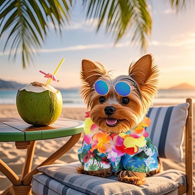 Pet Hawaiian Costume Summer Shirts with Sunglasses Colorful Wreath for Small Dog Cat Hawaii Luau Halloween Party