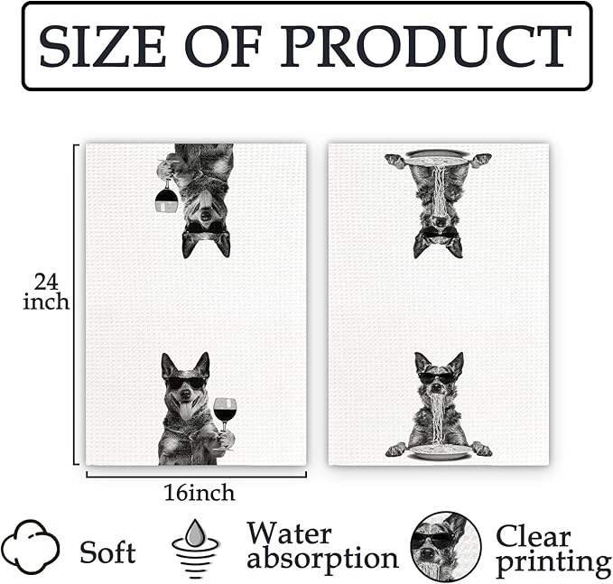 Blue Heeler Gifts Wine Kitchen Towels Set of 2, Funny Dog Eating Pasta Decorative Hand Dish Towel for Kitchen Home Bar, Gift for Australian Cattle Dog Wine Lovers Home Bar Decor(16x24Inch)