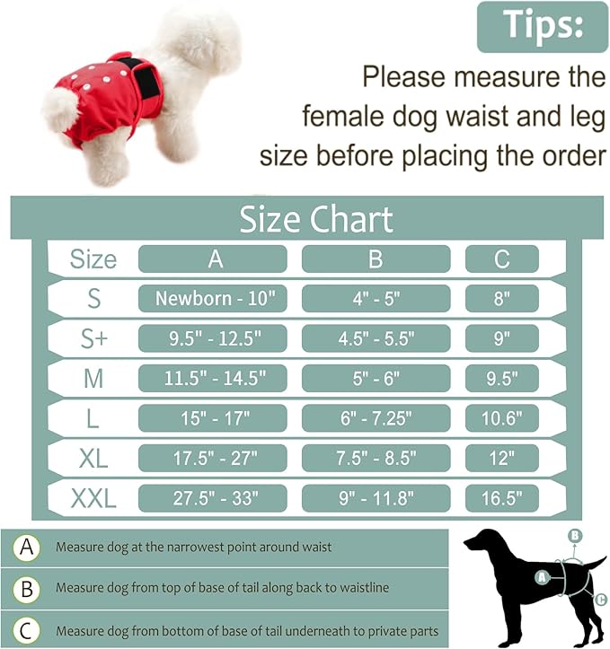 Washable Female Dog Diapers (5 Pack) - Doggie Reusable Small Medium Large Dog Diapers for Doggy Puppy Female in Period - Highly Absorbent Dog Heat Panties,S Plus,Red