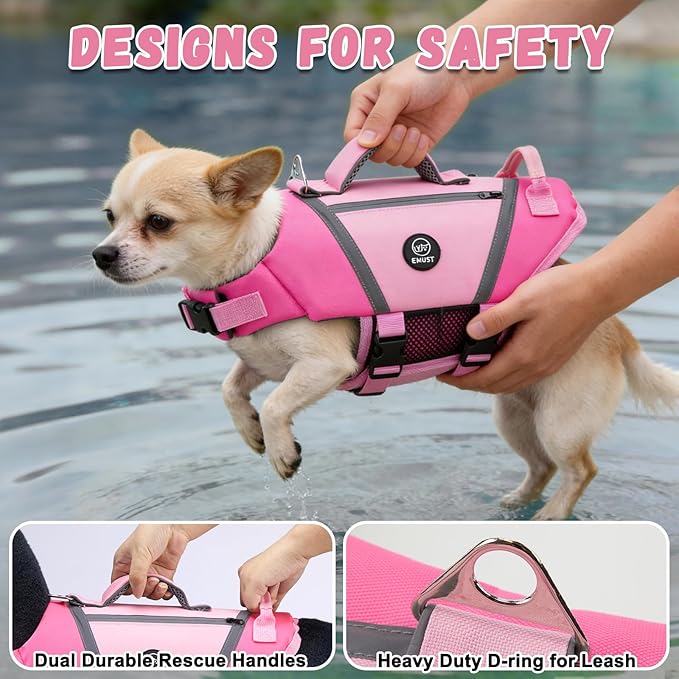 EMUST Dog Life Vests for Swimming, Adjustable Dog Life Jackets for Small Dogs with Hook & Loop, Reflective Dog Swim Vest with Quick-Release Buckles for Bulldogs, Dachshunds, Corgis, Pink, S