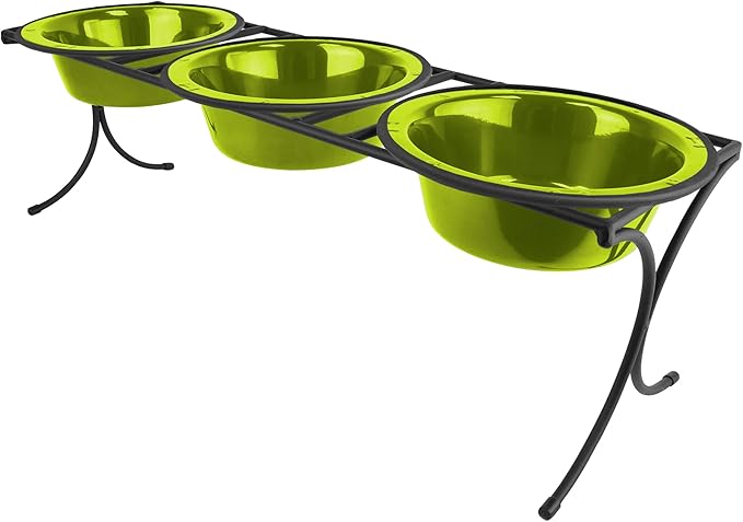 Platinum Pets Bistro Triple Diner Feeder with Stainless Steel Dog Bowls, Large, Corona Lime
