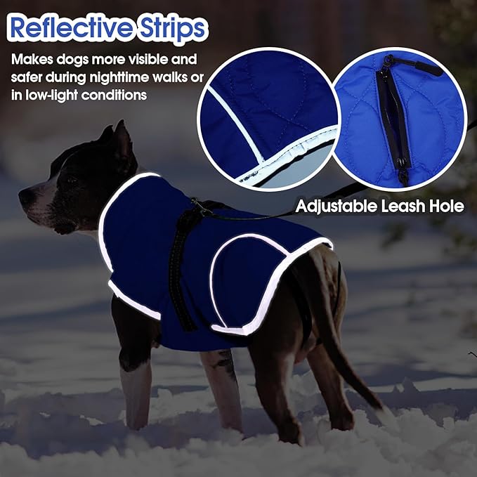 IDOMIK Dog Winter Jacket, Adjustable Waterproof Dog Warm Coat with Fleece Lining, Turtleneck Windproof Cold Weather Coats for Winter, Reflective Warm Snow Jacket for Labrador Golden Retriever,Blue,XL