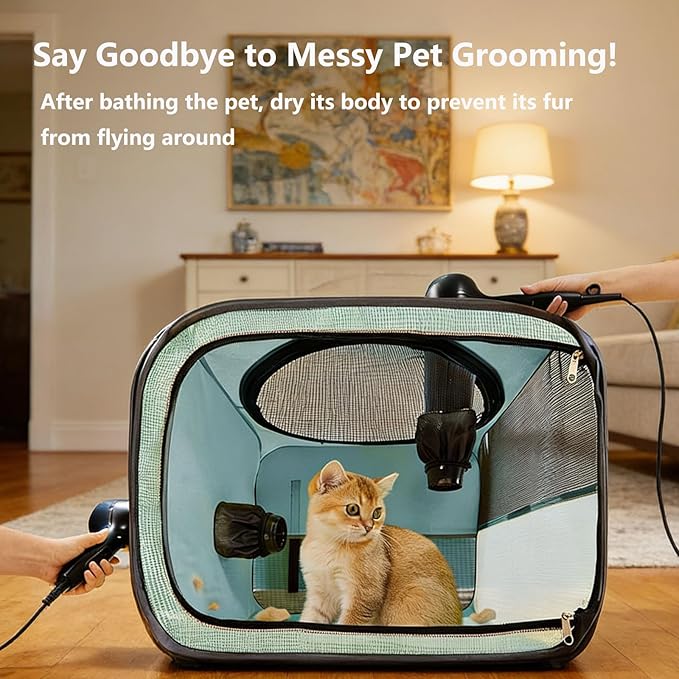 AiVIE Foldable pet Drying Box | cat Drying Box， 20.5 x 15.7 x 20.5 Hair Drying case is Suitable for Cat & Small Dog.Stress-Free at Home, Outdoor-Ready for Travel with Your Pet.