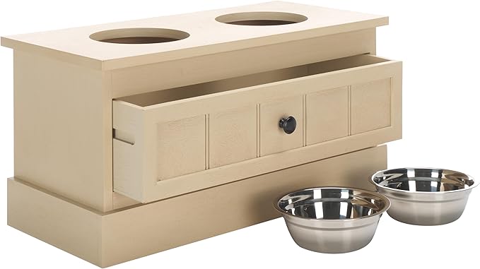 SAFAVIEH Home Collection Boomer Natural Brown Elevated Pet Feeder Dog Bowl Stand with Drawer (Fully Assembled)