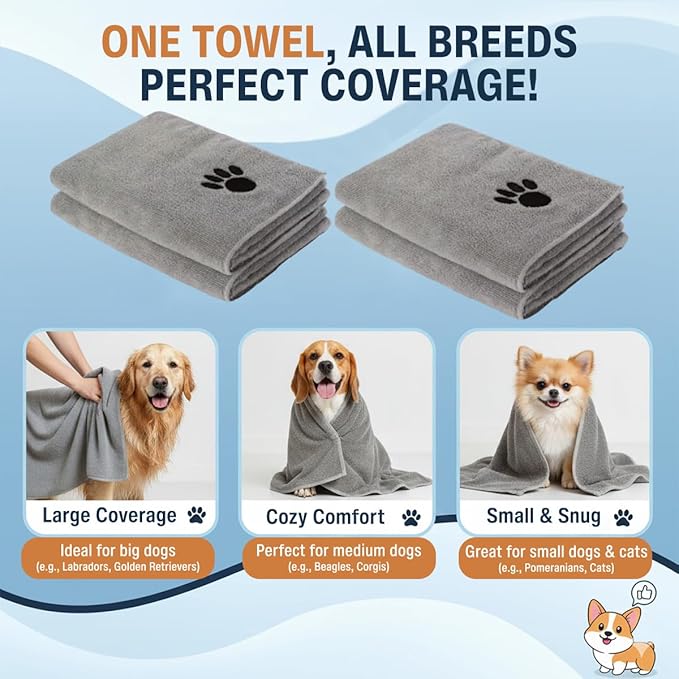 Dog Towel Keeps Your Pet Cozy After Every Use – Microfiber Towels for Drying Dogs & Cats – Quick & Efficient Grooming Gray Towel for Outdoor Play – Gently Dries Your Pet’s Fur 60x100CM l Large