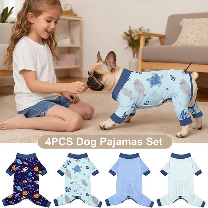 Bienbee Dog Pajamas, 4 Pack Dog Recovery Suit Shedding Suit Cute Soft Puppy Clothes Dogs Pjs Onesies Jammies Adjustable Breathable & Stretchy Clothes for Small Medium Large Dogs Girl Boy Puppy-2XL