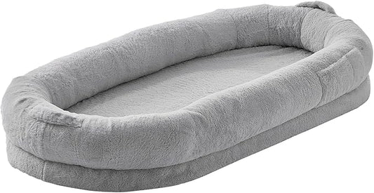 VEVOR Human Dog Bed, 67.7"x35"x9.8" Human Dog Bed for Adult People, Large Size Beds with Washable Faux Rabbit Fur Cover, Egg Orthopedic Foam, Storage Pocket, Bean Beds for You and Pet, Light Grey