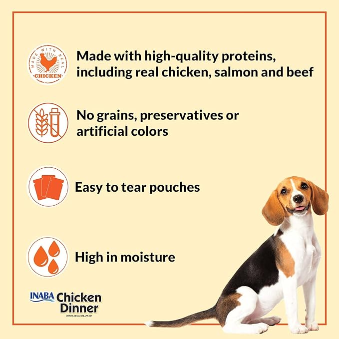 INABA Chicken Dinner for Dogs, Soft Pate Wet Dog Food, Complete & Balanced, 2.4 oz. Pouch, 15 Pouches, Salmon & Beef Variety