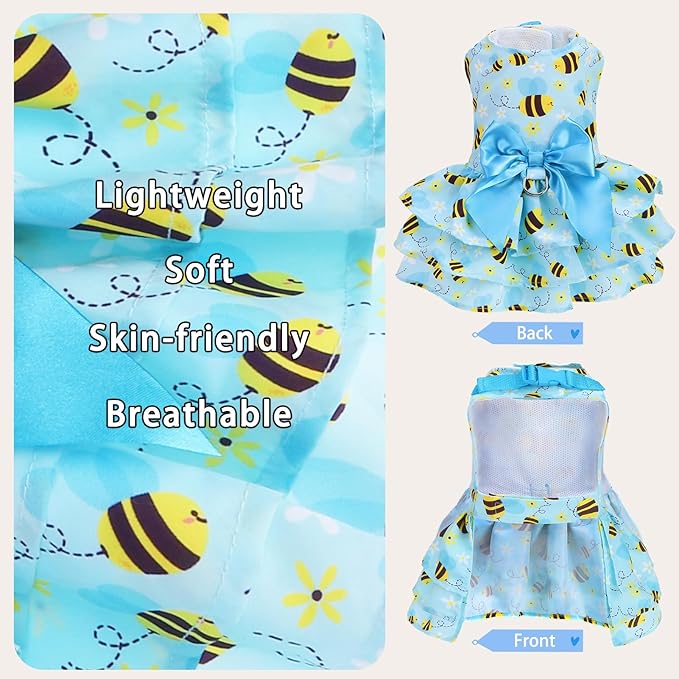 PUPTECK Cute Dog Dress with Bowknot and Leash Ring, Soft Breathable Dog Clothes Puppy Princess Girl Outfit, Pet Apparel Costume for Small Medium Sized Dogs, Blue Yellow Bee XS