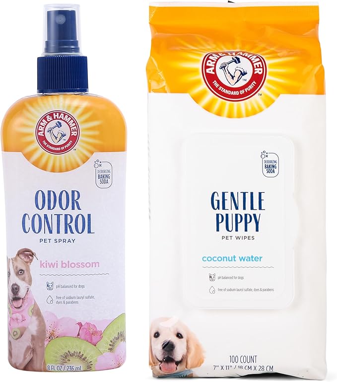 Arm & Hammer Dog Grooming Bundle - Super Deodorizing Spray (Kiwi Blossom, 8 oz) & Deodorizing Wipes (Coconut, 100 Count), Odor Eliminator for Dogs & Puppies, Whole Body & Face Cleaning