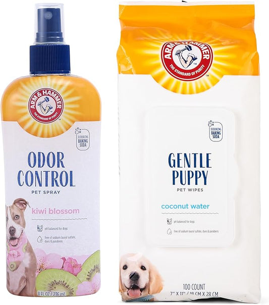 Arm & Hammer Dog Grooming Bundle - Super Deodorizing Spray (Kiwi Blossom, 8 oz) & Deodorizing Wipes (Coconut, 100 Count), Odor Eliminator for Dogs & Puppies, Whole Body & Face Cleaning