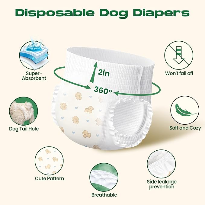 Disposable Dog Diapers Female, 360°Leak-Proof Full Wrap Stretchy Waist, Highly Absorbent Diapers for Female Dog in Heat, Dog Diapers for Period (XS 10PCS)