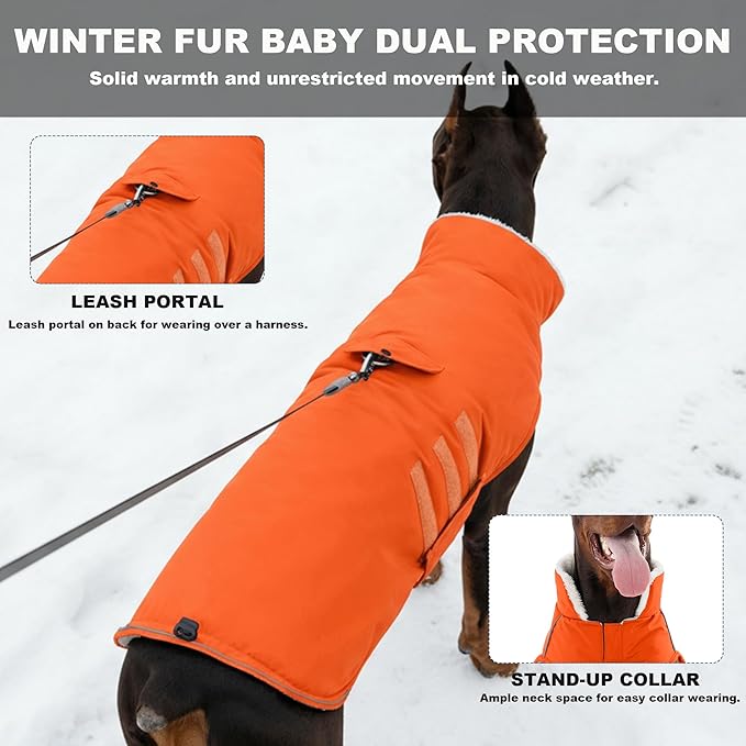 Mklhgty Extra Warm Dog Coat, Waterproof Dog Winter Jacket with Leash Portal, Fleece Reflective Pet Snow Vest for Small Medium Large Dogs - Orange - XL