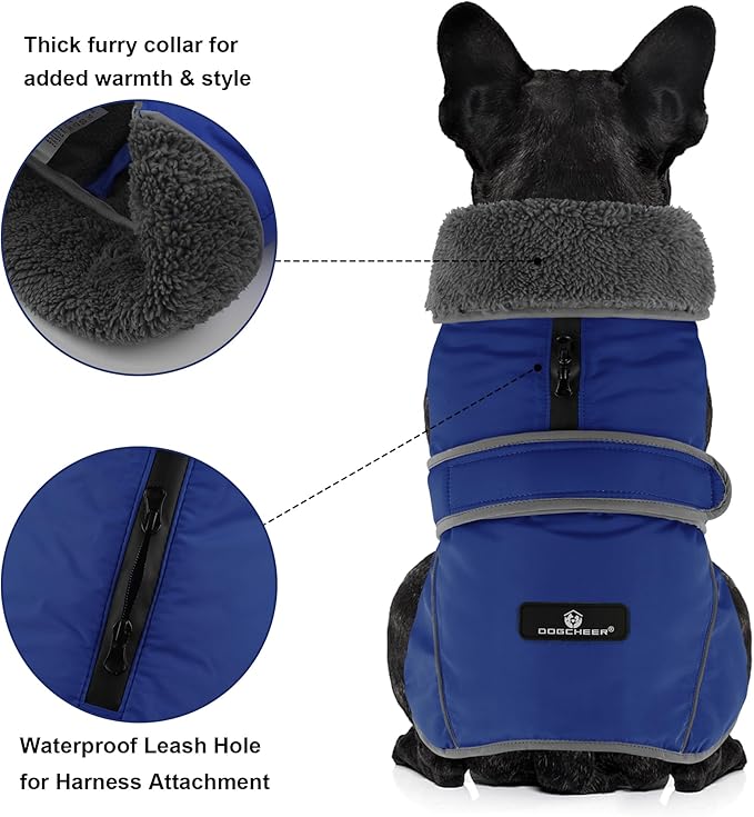 Dogcheer Dog Coat, Waterproof Dog Jacket Reflective Pet Winter Coat with Adjustable Hook & Loop, Christmas Puppy Fleece Jacket Warm Turtleneck Snowsuit for Small Medium Large Dogs - Blue, L