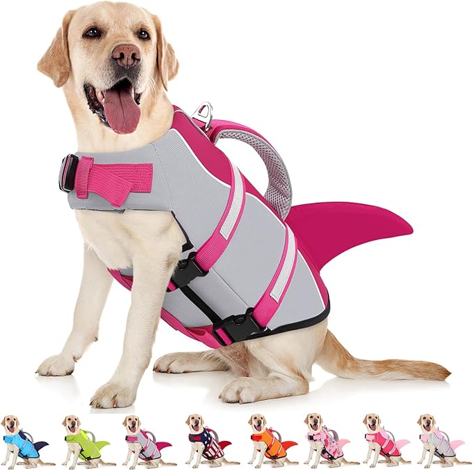 AOFITEE Dog Life Jacket, Dog Life Vest for Swimming, Shark Dogs Swimming Vest with Rescue Handle and Reflective Stripe, Ripstop Pet Float Coat Swimsuit Lifesaver Small Medium Large Dogs Pink L