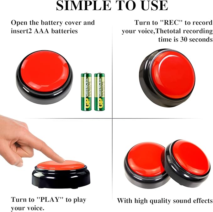 Recording Button,Voice Recorder Button 30 Second,Talking Buttons,Record Sound Button for Gift Education,Easy Button,Funny Office Gift,Includes 2*AAA Batteries (Red)