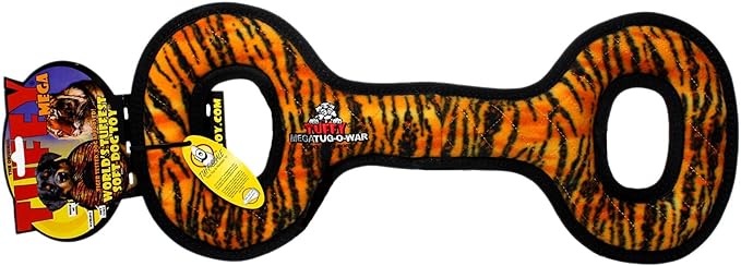TUFFY - World's Tuffest Soft Dog Toy - MEGA -Tug Oval - Tiger- Multiple Layers. Made Durable, Strong & Tough. Interactive Play (Tug, Toss & Fetch). Machine Washable & Floats