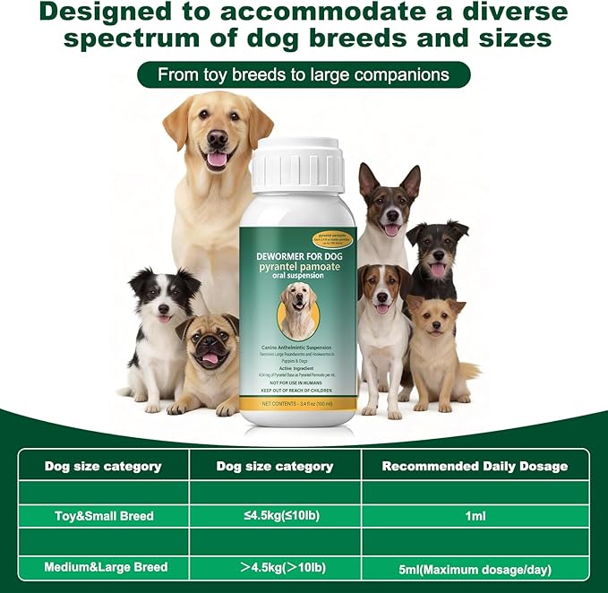 Dog Dewormer Liquid for Large Dogs for All wormers – Pyrantel Pamoate for Roundworms & Hookworms, 100 mL (3.4 fl oz) ﻿