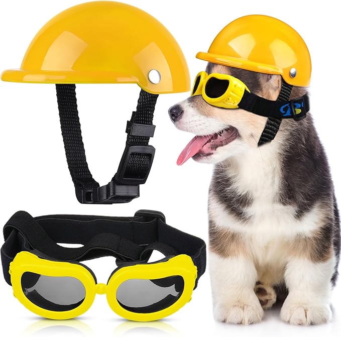 Frienda Dog Helmet and Goggles, UV Protection Doggy Sunglasses and 4 Inch Padded Puppy Motorcycle Helmet Adorable Dog Goggles with Adjustable Belt for Small Dogs Puppy Riding(Yellow,S)