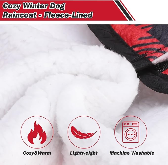 KOOLTAIL Winter Dog Raincoat Hooded Slicker Poncho with Leash Hole, Thick Fleece Rain Coats for Small Medium Dogs, Windproof Plush Warm Pet Rain Jacket with Reflective Adjustable Strip,Christmas Red S