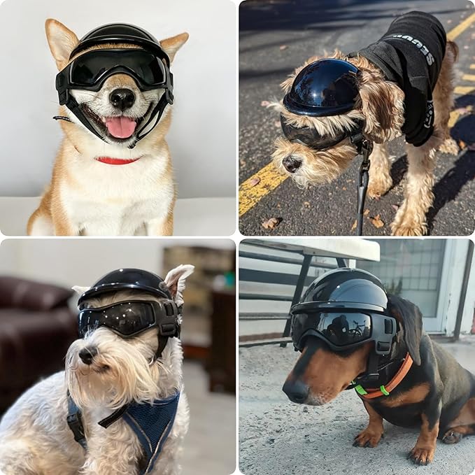 PETLESO Dog Goggles for Small Dogs with Helmet, 2PCS Doggy Sunglasses and Pet Motorcycle Helmet Set for Small Medium Breed Outdoor Driving Walking, All Black