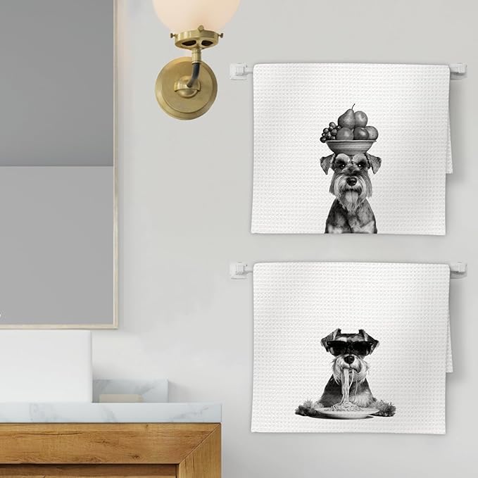 Schnauzer Gifts Funny Dog Kitchen Towels Set of 2, Dog Eating Pasta with Fruit Bowl Decorative Hand Dish Towel for Kitchen Home Bar, Gift for MiniatureSchnauzer DogLovers Home Decor(16x24Inch)